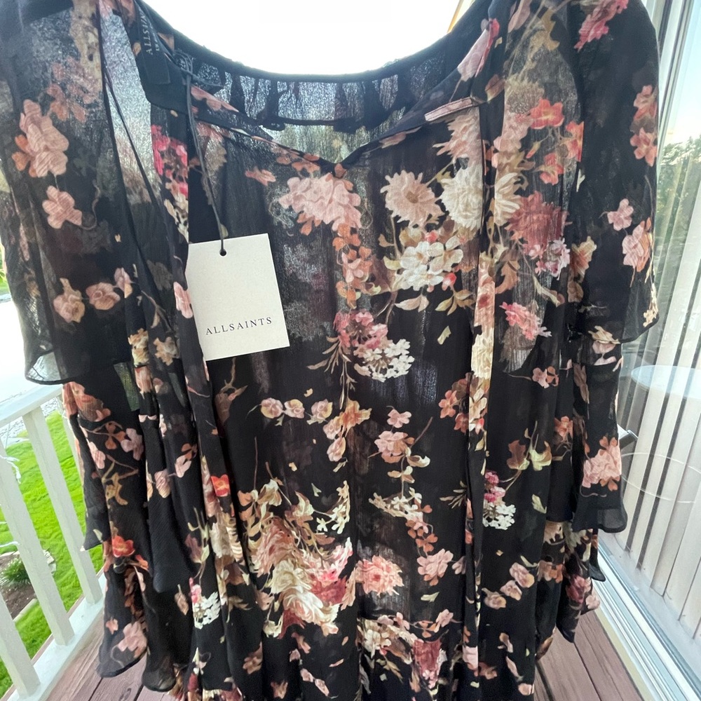 All Saints Black Floral Tie-Front Blouse with Pink and Cream Blooms